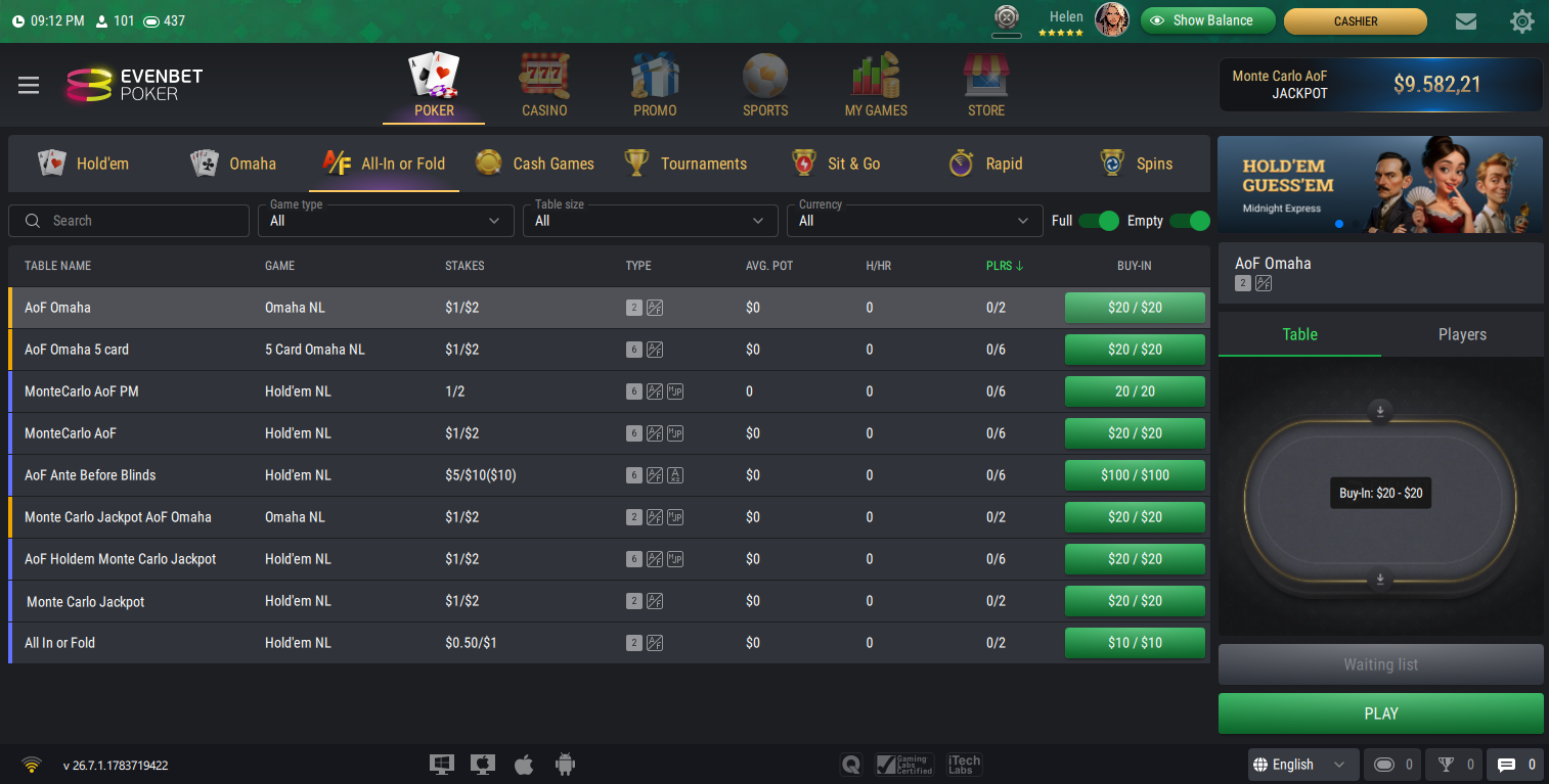 All-in or Fold Lobby Tab, the illustration of B2B online poker software