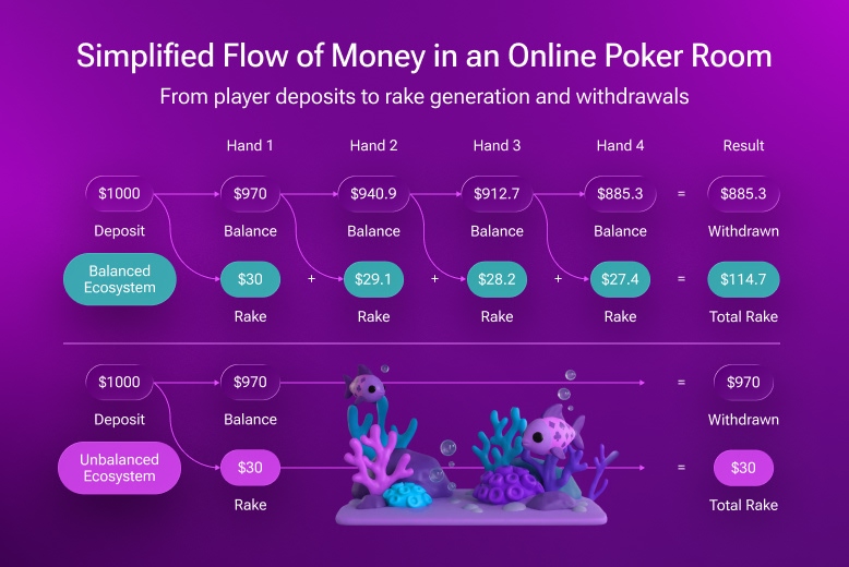 Simplified Flow of Money in an Online Poker Room. Balanced and Unbalanced Ecosystem Comparison. Infographics.