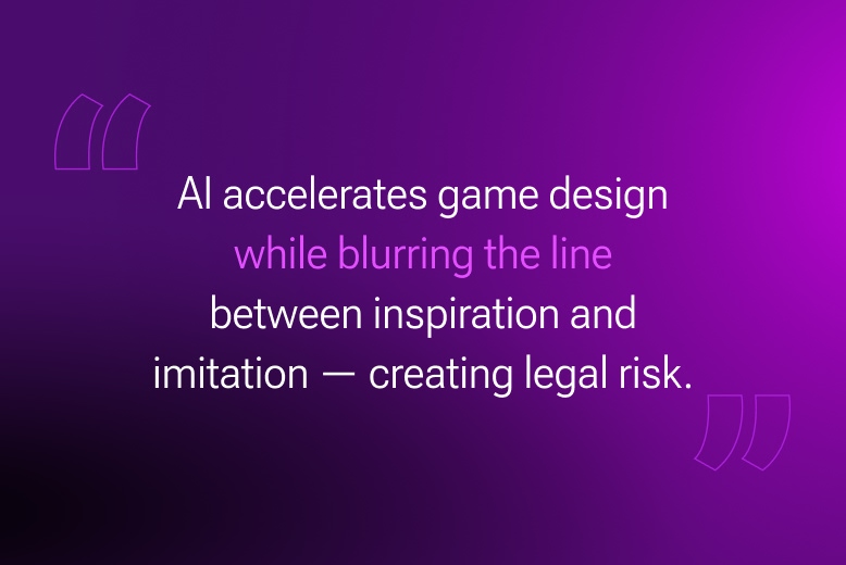 AI accelerates game design while blurring the line between inspiration and imitation creating legal risk. Illustration for the article about legal aspects of AI-generated games