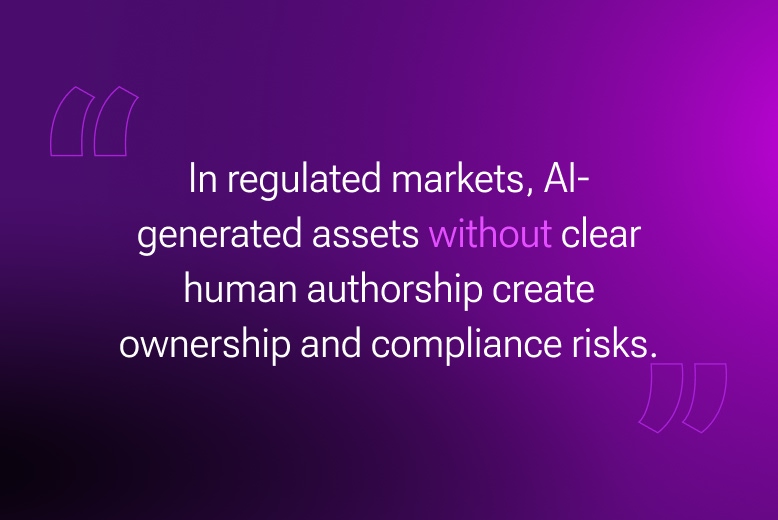 In regulated iGaming markets, AI-generated assets without clear human authorship create ownership and compliance risks. Illustration for the article about legal aspects of AI-generated casino games 